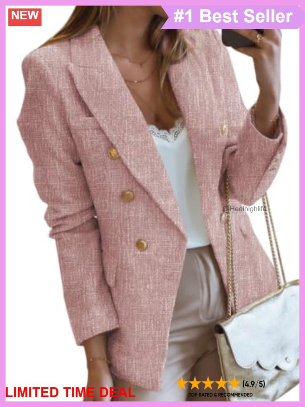 Tweed Double-Breasted Open-Front Blazer Metal-Button Cuffs Business Casual